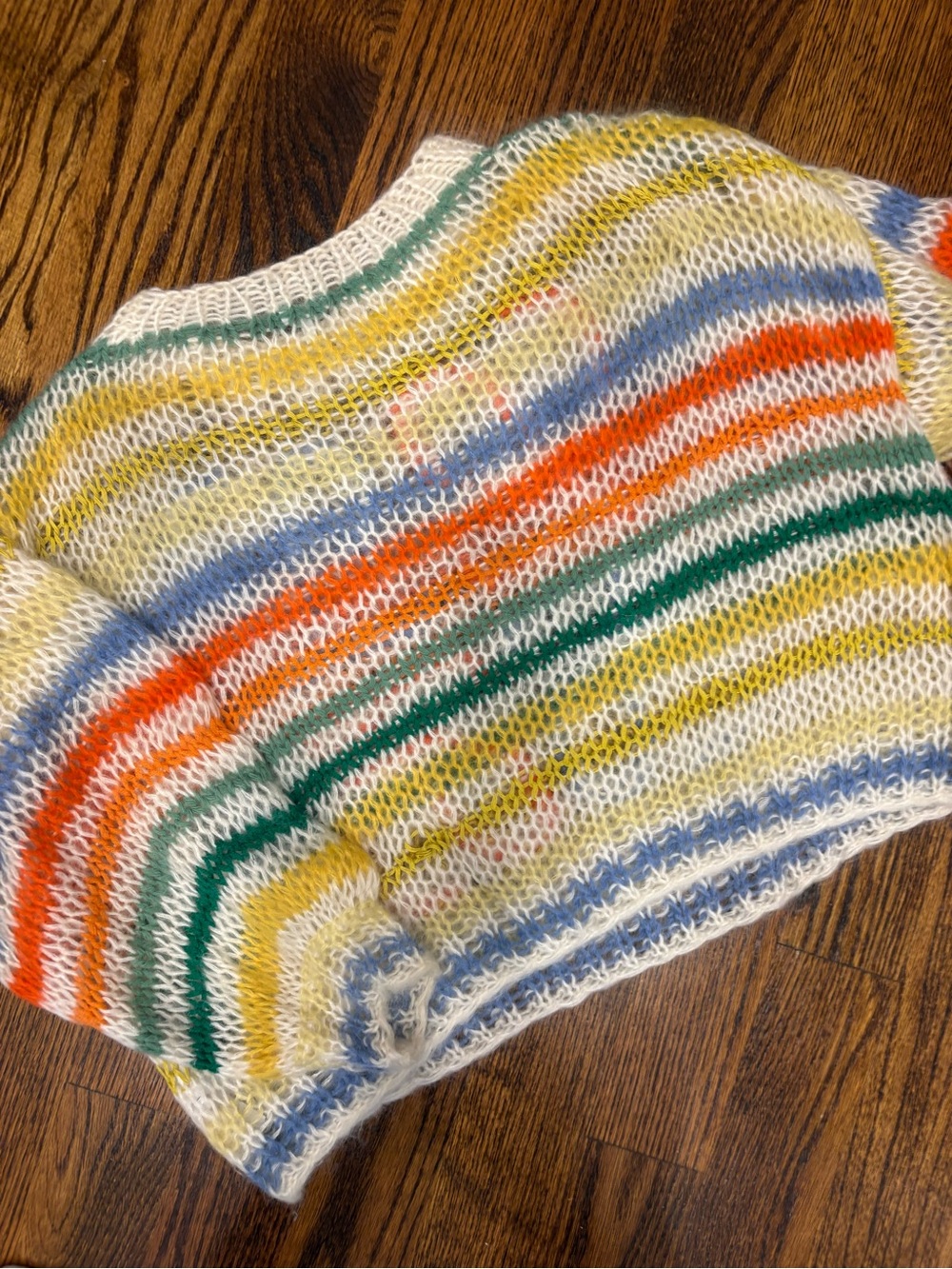 Loewe White Open-Knit Sweater with Green, Yellow, Blue & Orange Stripes